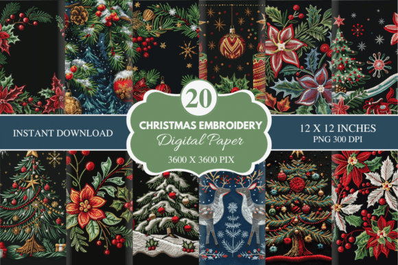Christmas Embroidery Digital Paper Bundle: Vintage Charm for Modern Crafts